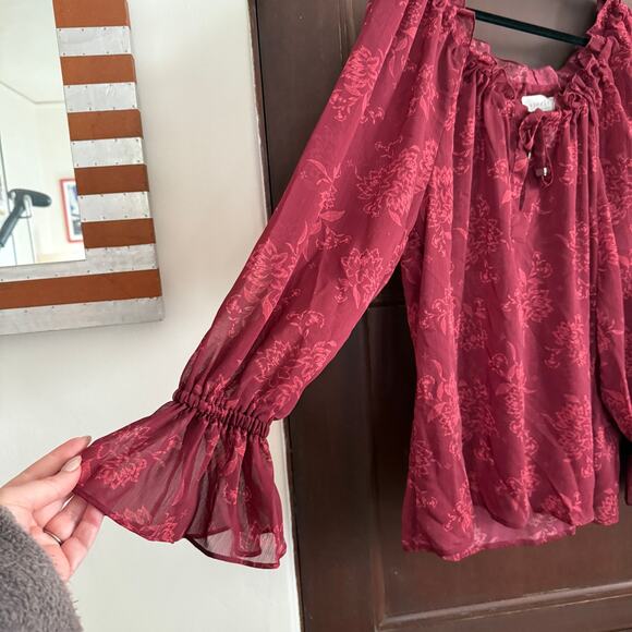 STEELE Anthropologie Laurelyn Sheer Floral Tie Neck Boho Blouse Burgundy Large - Picture 4 of 8